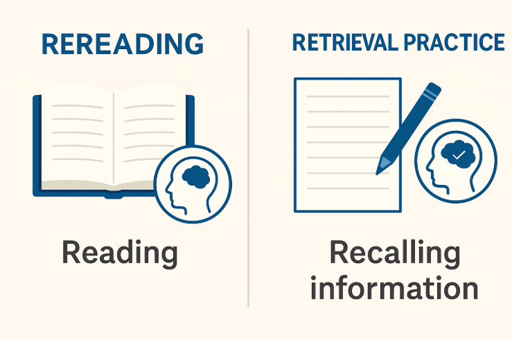Infographic comparing rereading with retrieval practice, showing reading on one side and recalling information on the other.