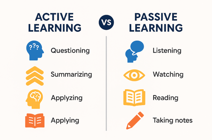 Infographic comparing active learning methods such as questioning and summarizing with passive learning methods like listening and reading.