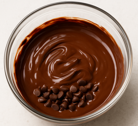 Melted chocolate chips in a clear glass bowl with a smooth, glossy texture