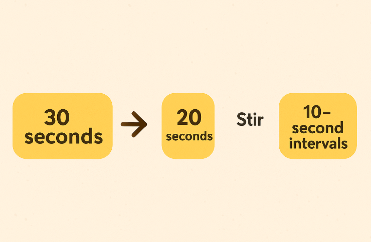 Microwave melting guide showing 30-second, 20-second, and 10-second intervals with stirring steps.