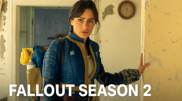A woman wearing a blue and yellow Vault-Tec jumpsuit from Fallout stands in a worn-out room, looking serious while touching a cracked yellow wall. The image includes the text “Fallout Season 2 Renewed at Prime Video,” styled like an official promotional banner.