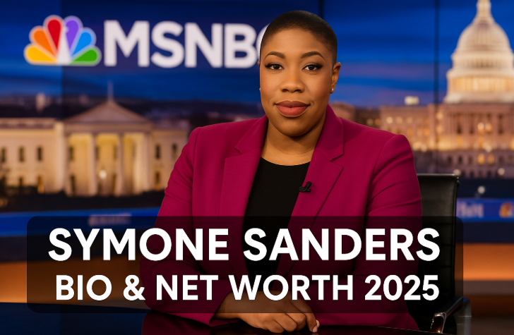 Symone Sanders sitting confidently at MSNBC news desk wearing a magenta blazer, representing her 2025 biography and net worth story.