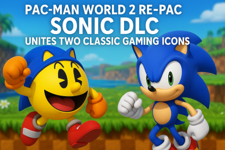 Pac-Man World 2 Re-Pac Sonic DLC Unites Two Classic Gaming Icons Pac-Man wearing a Sonic costume and Sonic the Hedgehog run side by side on a lush, Green Hill-style landscape under the title “Pac-Man World 2 Re-Pac Sonic DLC: Unites Two Classic Gaming Icons