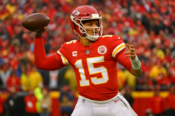 Patrick Mahomes throwing a pass during an NFL game for the Kansas City Chiefs.