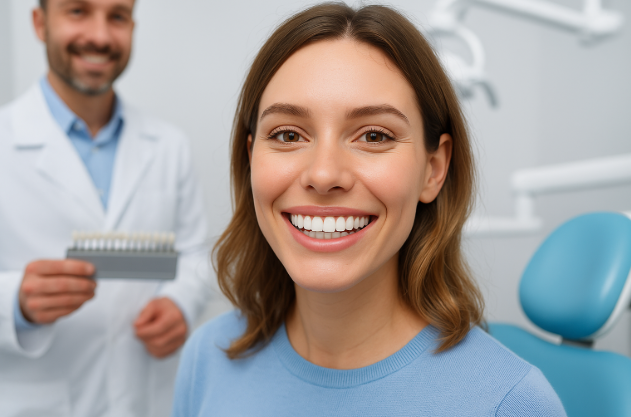 How Much Are Veneers? The Ultimate Cost Breakdown You Need Before You Buy A young woman with porcelain veneers smiling confidently in a modern dental office while a dentist in the background holds a dental shade guide.