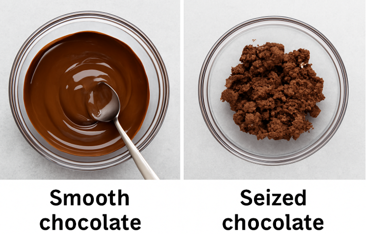 Side-by-side comparison showing smooth melted chocolate in one bowl and seized, grainy chocolate in another bowl.