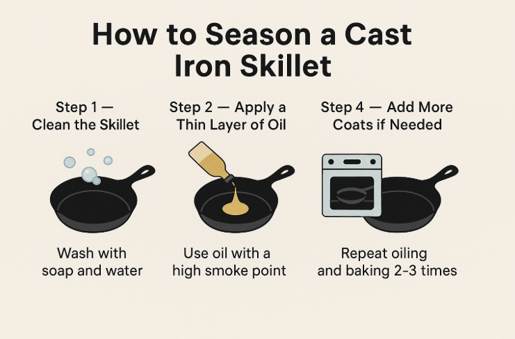 Infographic showing four steps to season a cast iron skillet: clean, apply oil, bake, and repeat coating.