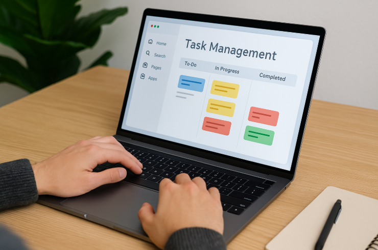 Person working on a laptop displaying a task management interface at a clean wooden desk with natural lighting.
