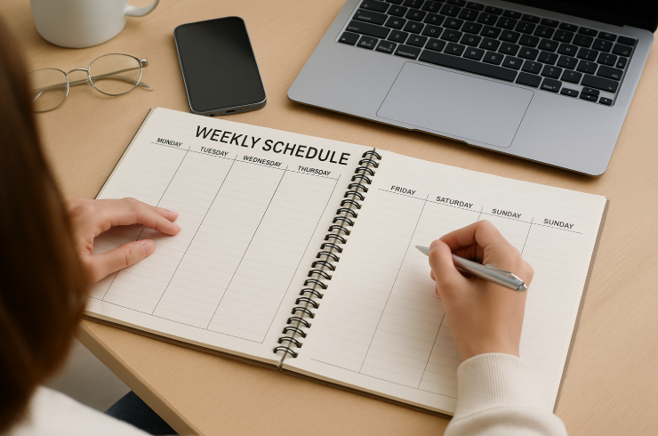 A person writing in a weekly schedule planner at a desk with a laptop, phone, and glasses nearby.