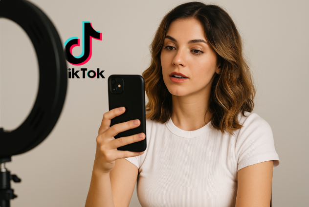 "A young woman filming a TikTok video using a smartphone and ring light, representing Ash Trevino’s influencer lifestyle and rise to social media fame."