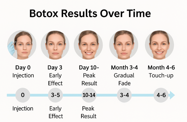 “Infographic showing Botox results timeline from injection day to month six, with icons for each phase — early effects, peak result, fade period, and touch-up reminder.”