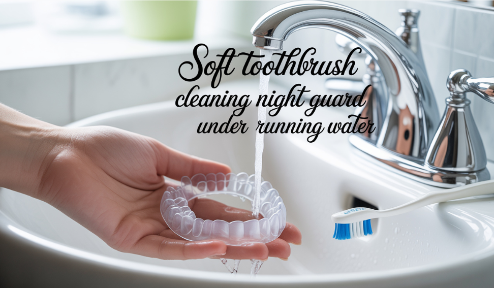 Close-up of a night guard being cleaned with a soft toothbrush under lukewarm running water.
Placement: Directly after the first paragraph in this section, before the next paragraph begins.
