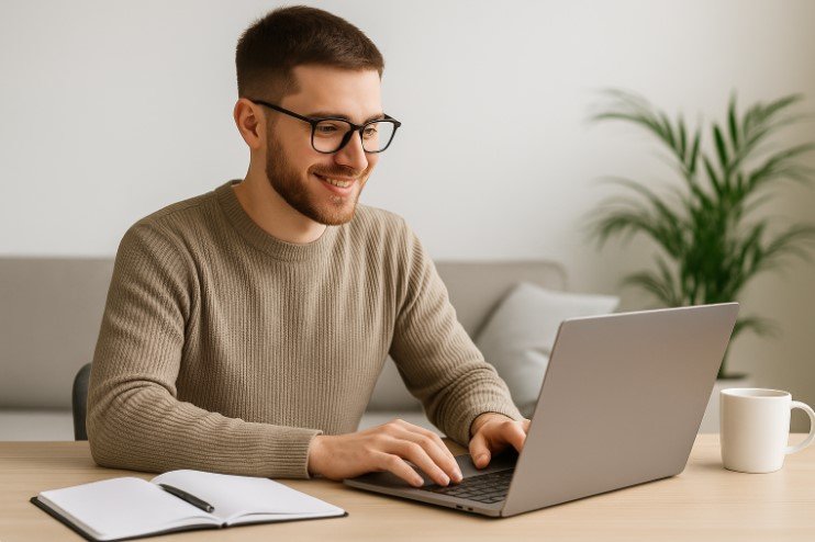 Freelance writer working from home on laptop