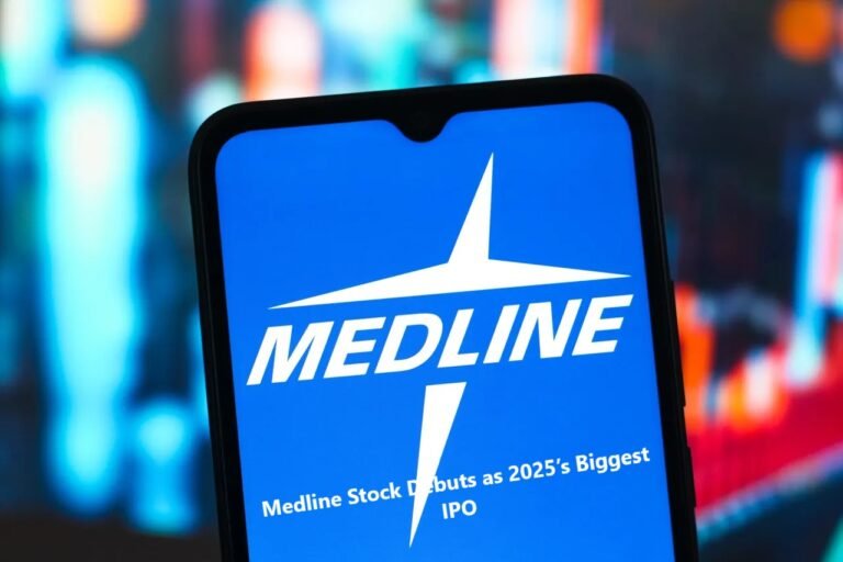 Medline stock IPO debut showing healthcare supply warehouse and rising market valuation chart