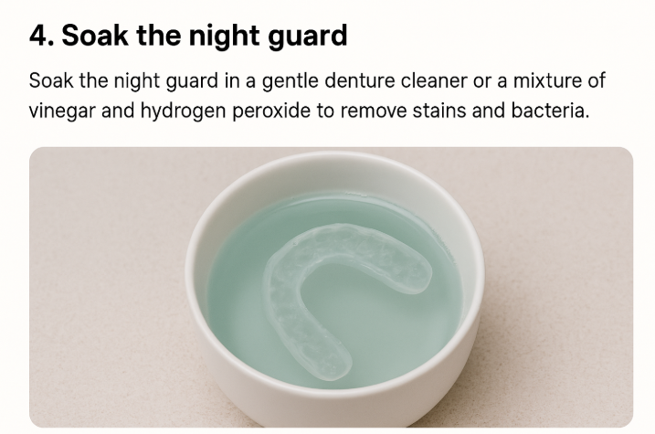 Close-up of a night guard being cleaned with a soft toothbrush under lukewarm running water.
Placement: Directly after the first paragraph in this section, before the next paragraph begins.