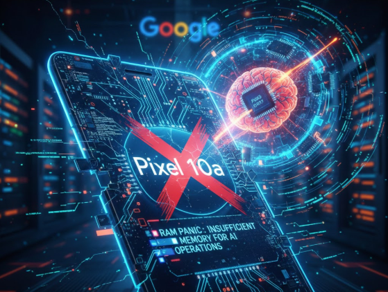 A futuristic digital illustration about Pixel 10a leaks, featuring a smartphone with a red 'X' mark and a 'RAM PANIC' warning
