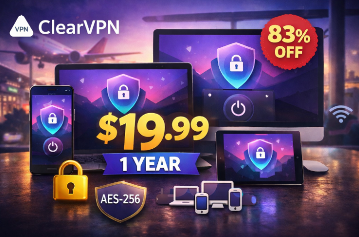 ClearVPN logo shown on multiple devices with one-tap VPN interface, highlighting a $19.99 one-year plan and 83% discount for public Wi-Fi security