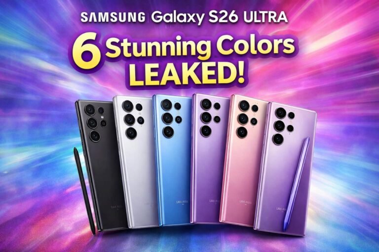 Samsung Galaxy S26 Ultra in six leaked color options including Black, White, Sky Blue, Cobalt Violet, Silver Shadow, and Pink Gold